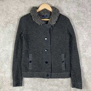 Gap Womens Gray Wool Button Up Cardigan Faux Fur Collar Cardigan Sweater Small